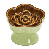 Green and Brown Ceramic Slow Feeder Pet Bowl for Cats and Small Dogs - Anti-Choke Elevated Design with 15-Degree Tilted Rim