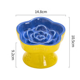 Yellow and Blue Ceramic Slow Feeder Pet Bowl for Cats and Small Dogs - Anti-Choke Elevated Design with 15-Degree Tilted Rim