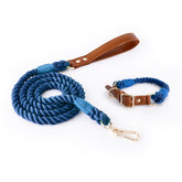 Premium Leather Pet Collar and Leash - Soft, Strong Braided Rope (Navy blue - Size M)
