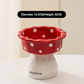 Red Adorable Mushroom Ceramic Elevated Cat Bowl - Anti-Vomiting & Spine Protecting Pet Feeder with Polka Dots