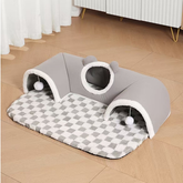 Grey S size Cat Tunnel Bed House 4-Season Universal Removable Washable U-Shaped Cat Cave with Multi-Entrance, Plush Hideaway Pet Nest with Detachable Mat for Indoor Cats, Non-Slip Bottom, Multi-Cat Friendly