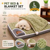 2-piece L size Green Pet Winter Comfort Bundle – 70*55cm Plush Pet Blanket and 60*40cm Thickened Pet Sleeping Bed Set for Dogs and Cats, Double-Sided Warm Blanket with Soft Plush Bed Cushion
