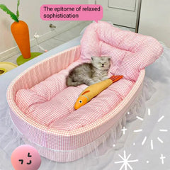 Cute Lace-Trimmed Pet Cat Princess Sofa Bed For Four Seasons  Washable and Removable Soft Plush Oval for Small Dogs/Cats