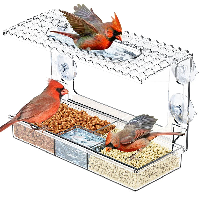【E】Acrylic Clear Window Bird Feeders With Strong Suction Cups,Easy To Remove And Replenish Feede Tray And Bird Bath