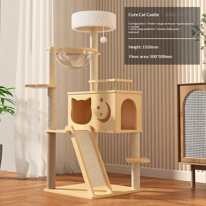 Large Solid Wood Cat Tree Tower Condo Space Capsule Bed Scratching Post Multi Level Hideaway Playhouse Furniture Cat Tree House
