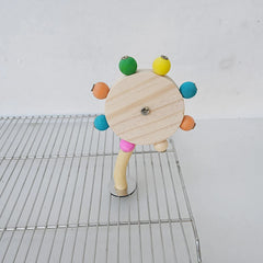 Random Color Perch Toy with Rotating Ball Wood Interactive Bird Stand Parrot Foraging Toy Rotating Windmill Toy for Pet Lovebird