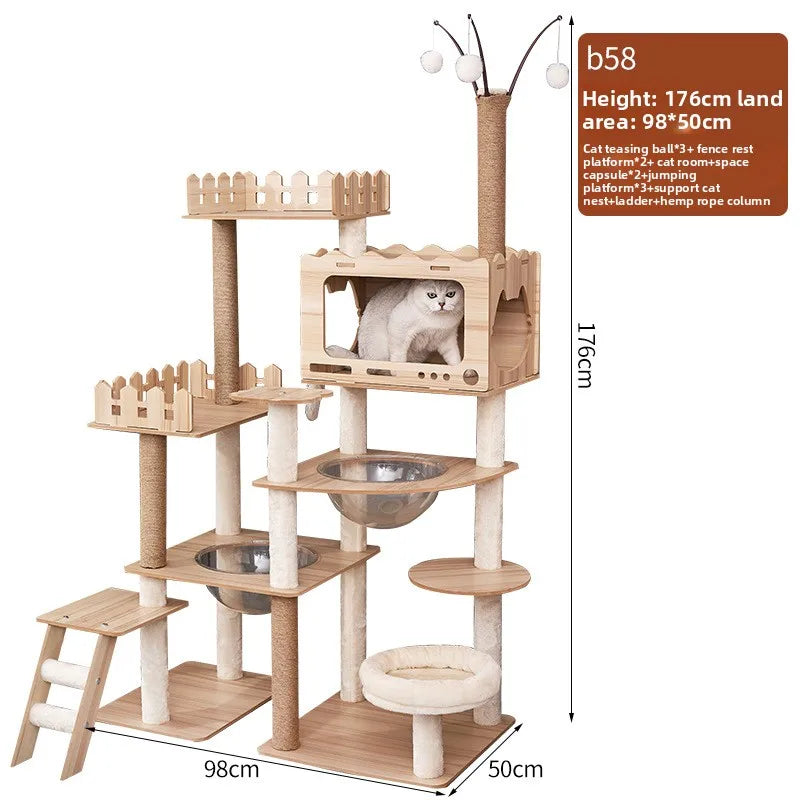 Large Multilevel Cat Playground Space Capsule Dual Den for Multi Cat Homes Wooden Scratching Cat Climbing Frame Cat Tree Tower