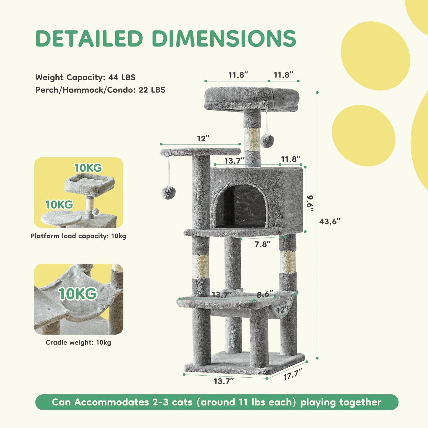 44 Inch Tall Cat Tree Tower for Multiple Cats
