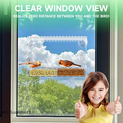 【E】Acrylic Clear Window Bird Feeders With Strong Suction Cups,Easy To Remove And Replenish Feede Tray And Bird Bath