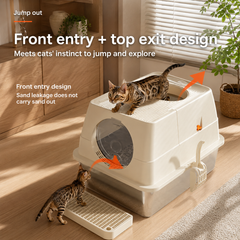 Black Extra Large Stainless Steel Cat Litter Box, Foldable Covered Cat Litter Tray with Round Top & Round Door, Front Entry Top Exit, Anti Tracking Mat, Scoop and Charcoal Filter