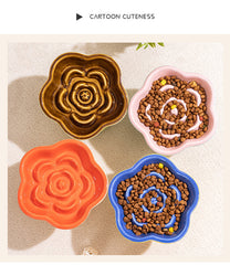 Yellow and Blue Ceramic Slow Feeder Pet Bowl for Cats and Small Dogs - Anti-Choke Elevated Design with 15-Degree Tilted Rim