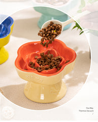 Yellow and Blue Ceramic Slow Feeder Pet Bowl for Cats and Small Dogs - Anti-Choke Elevated Design with 15-Degree Tilted Rim