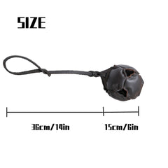 Black Durable Leather Dog Training Ball with Loop Handle - Interactive Bite & Tug Toy for Playful Pups
