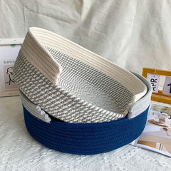 Grey and White Chic Two-Tone Woven Cotton Rope Cat Bed - Cozy Handmade Pet Nest & Storage Basket