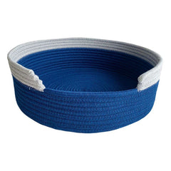 Blue and White Chic Two-Tone Woven Cotton Rope Cat Bed - Cozy Handmade Pet Nest & Storage Basket
