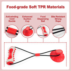 Red Interactive Dog Suction Cup Tug Toy - Durable TPR Chew & Treat Dispenser for Teeth Cleaning & Solo Play