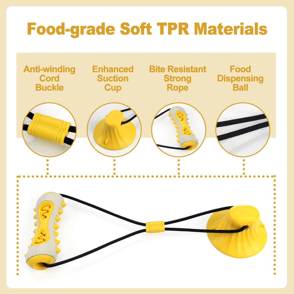 Yellow Interactive Dog Suction Cup Tug Toy - Durable TPR Chew & Treat Dispenser for Teeth Cleaning & Solo Play