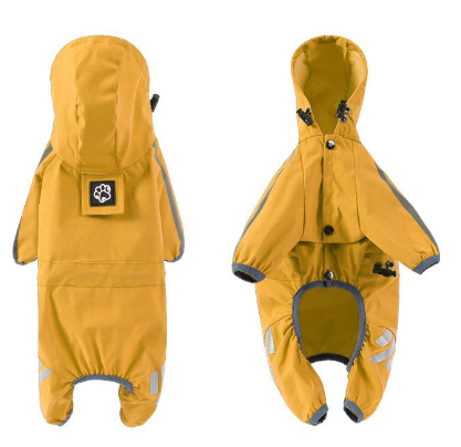 XL Bright Yellow And Gray Trim Waterproof Four-Legged Dog Raincoat with Leash Hole for Small Breeds