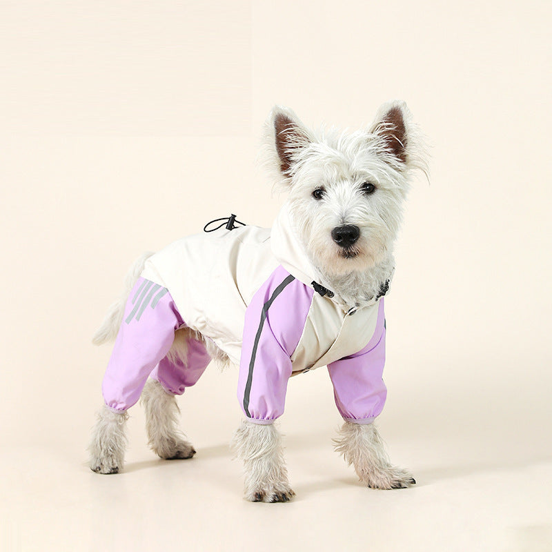 Colorblock (White Purple) Dog Raincoat - Waterproof with Hood and Reflective Strips (Size M)