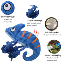 2 Pcs Blue Interactive Plush Chameleon Dog Toy with Squeaker & Rope Legs - Durable Chew Toy for Medium/Large Dogs, Teeth Cleaning Texture, Machine Washable (10.2in)