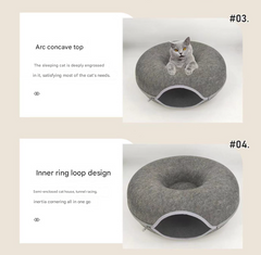 Sky blue Felt Donut Cat Bed with Zipper Tunnel Toy, Double-Layer Pet Cave for Cats, M Size (50x20cm), Cozy Hideaway for Indoor Cats