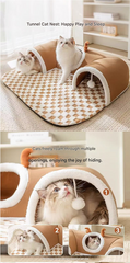 Grey L size Cat Tunnel Bed House 4-Season Universal Removable Washable U-Shaped Cat Cave with Multi-Entrance, Plush Hideaway Pet Nest with Detachable Mat for Indoor Cats, Non-Slip Bottom, Multi-Cat Friendly