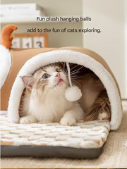 Grey L size Cat Tunnel Bed House 4-Season Universal Removable Washable U-Shaped Cat Cave with Multi-Entrance, Plush Hideaway Pet Nest with Detachable Mat for Indoor Cats, Non-Slip Bottom, Multi-Cat Friendly