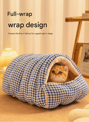S size Blue Plaid Cat Cave Bed Winter Warm Enclosed Pet House Cozy Cat Sleeping Bag Semi-Enclosed Cat Nest Small Dog Bed PP Cotton Filling Washable Pet Supplies