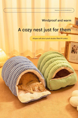 M size Green Plaid Cat Cave Bed Winter Warm Enclosed Pet House Cozy Cat Sleeping Bag Semi-Enclosed Cat Nest Small Dog Bed PP Cotton Filling Washable Pet Supplies