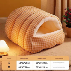 S size Orange Plaid Cat Cave Bed Winter Warm Enclosed Pet House Cozy Cat Sleeping Bag Semi-Enclosed Cat Nest Small Dog Bed PP Cotton Filling Washable Pet Supplies