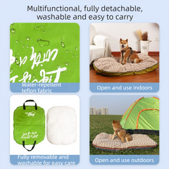 Khaki M size Portable Foldable Pet Bed Mat – Waterproof Travel Dog Bed and Cat Cushion with Carry Handles, Removable Washable Cover, Plush Comfort Padding for Indoor and Outdoor Use